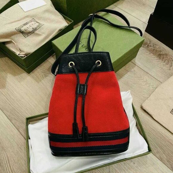NIB Authentic Red Suede/Black Patent Leather Ophidia Small Bucket Bag - Picture 1 of 7